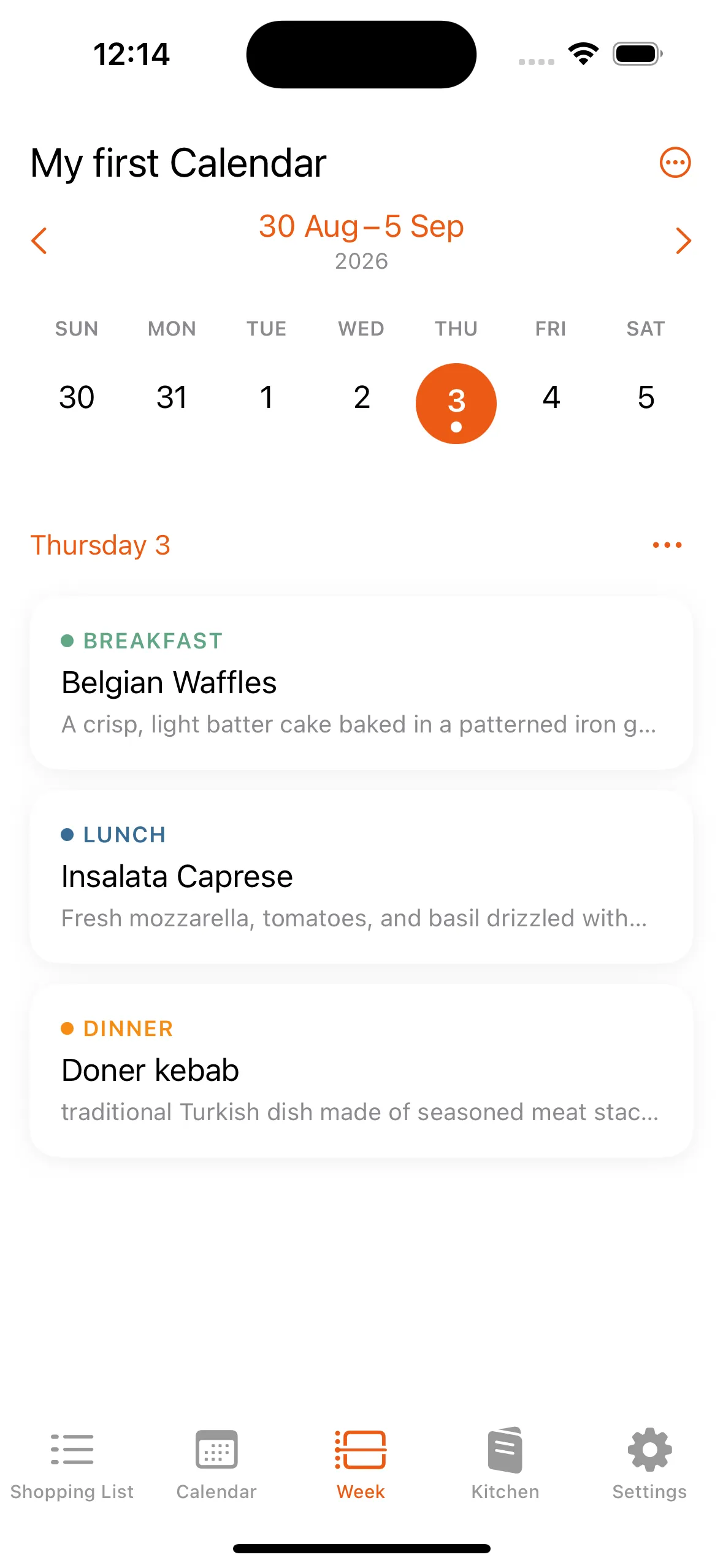 The My Meal household calendar for a Wednesday, with breakfast, lunch and dinner planned and a defrost reminder for tonight.